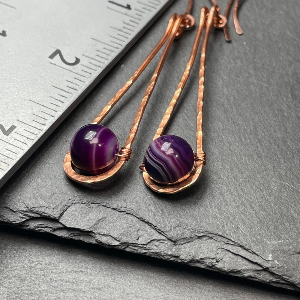 Purple Crazy Laced Agate Hammered Copper Dangle Earrings - Picture 9 of 11